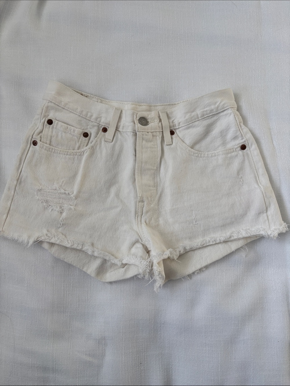 Levi's White Distressed High-Rise Denim Shorts